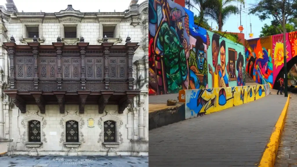 Contraste arquitectónico entre el centro histórico de Lima y el barrio bohemio de Barranco.