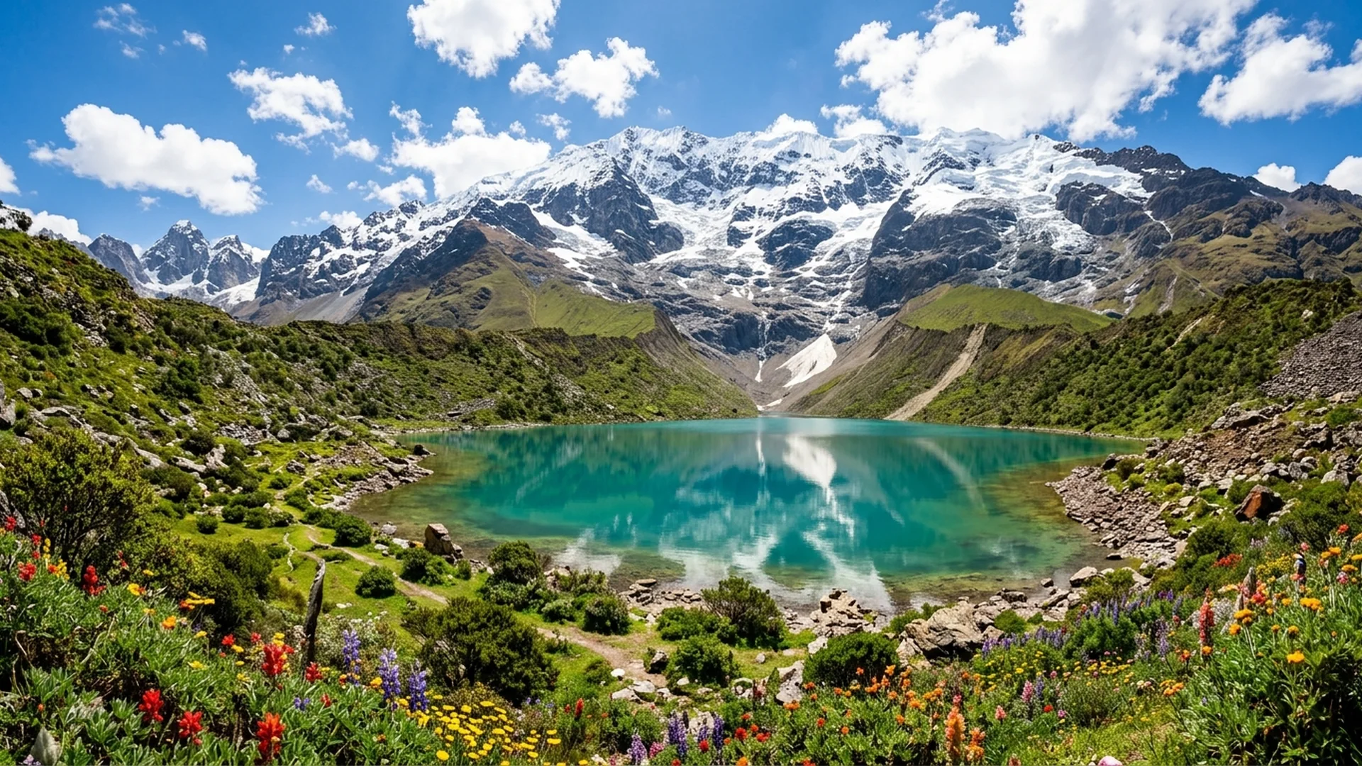 Aguas turquesas de la Laguna Humantay frente a los nevados andinos y flora silvestre en Cusco - Turismo Responsable - Llamitas Travel