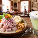 Preparación de ceviche peruano de pescado fresco y cóctel pisco sour en un restaurante de Lima - Llamitas Travel