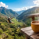 Turista deslizándose en zip line sobre el valle de Santa Teresa y taza de café de especialidad - Llamitas Travel