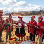 Turistas y comuneros locales compartiendo tradiciones andinas frente a la Laguna Piuray en Cusco - Llamitas Travel